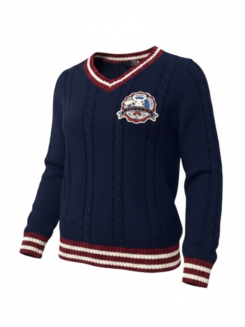 Pokemon Center Pikachu Cable Knit V-Neck Cricket Sweater Navy Burgundy Cream